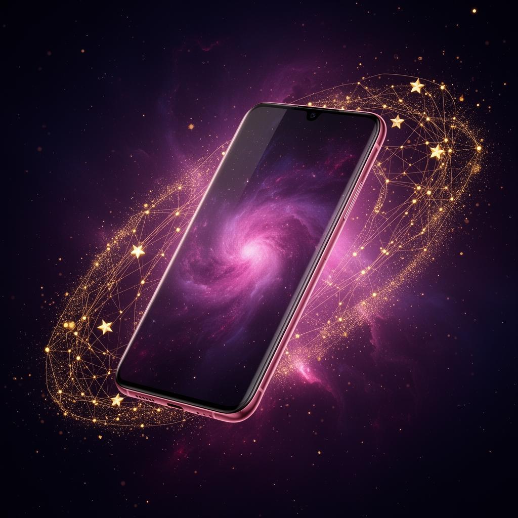 Celular flotando en un fondo cósmico con estrellas y nebulosa